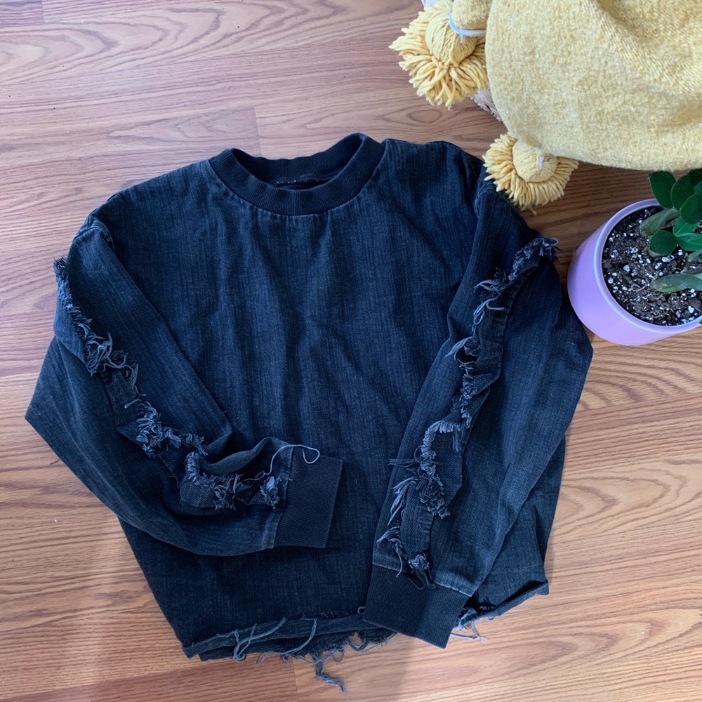 Black Denim Crewneck with Playful Fringe